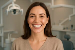 A woman smiling radiantly after receiving beauty dental treatments, showcasing her perfect teeth and confident expression. The backdrop features a modern dental office with soft lighting and advanced equipment. No text on image.