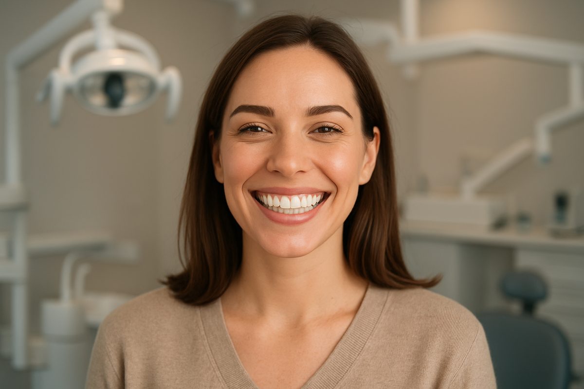 A woman smiling radiantly after receiving beauty dental treatments, showcasing her perfect teeth and confident expression. The backdrop features a modern dental office with soft lighting and advanced equipment. No text on image.