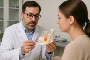 A dentist is pointing to a 3D model of a jawbone with a bone graft site highlighted, explaining the procedure to a patient. No text on the image.