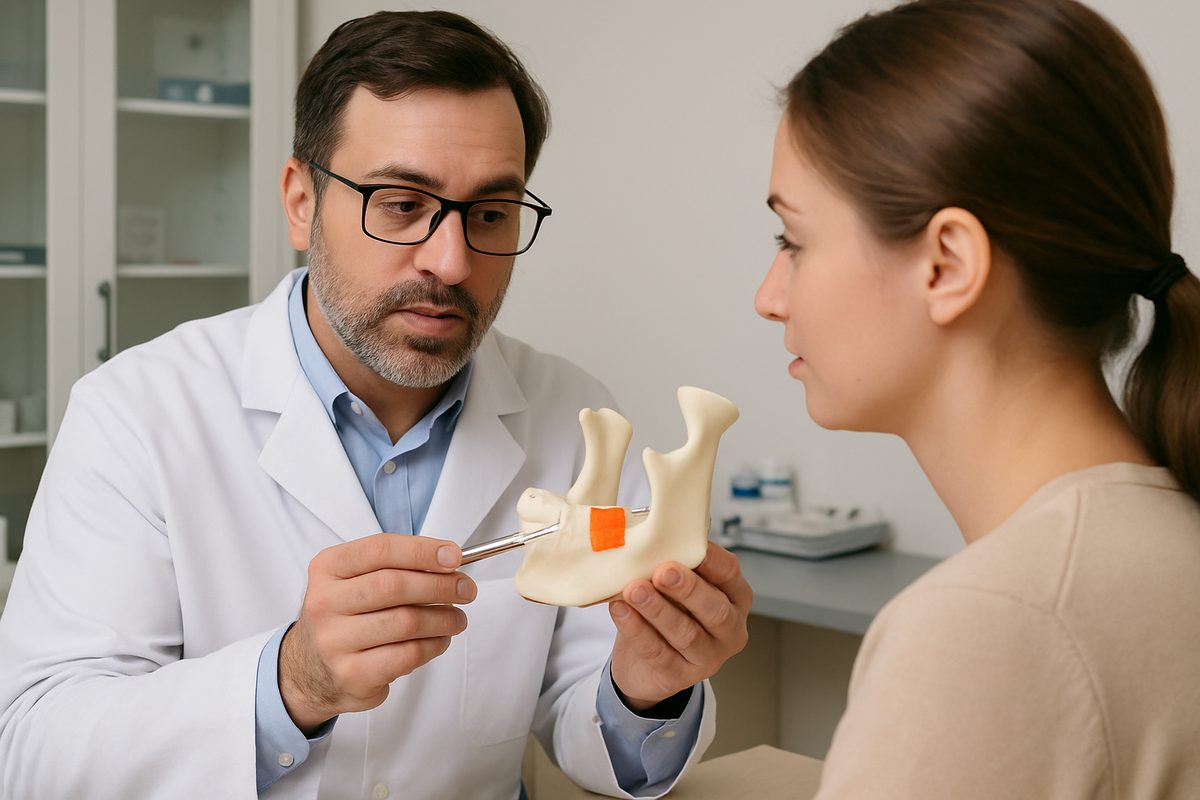A dentist is pointing to a 3D model of a jawbone with a bone graft site highlighted, explaining the procedure to a patient. No text on the image.